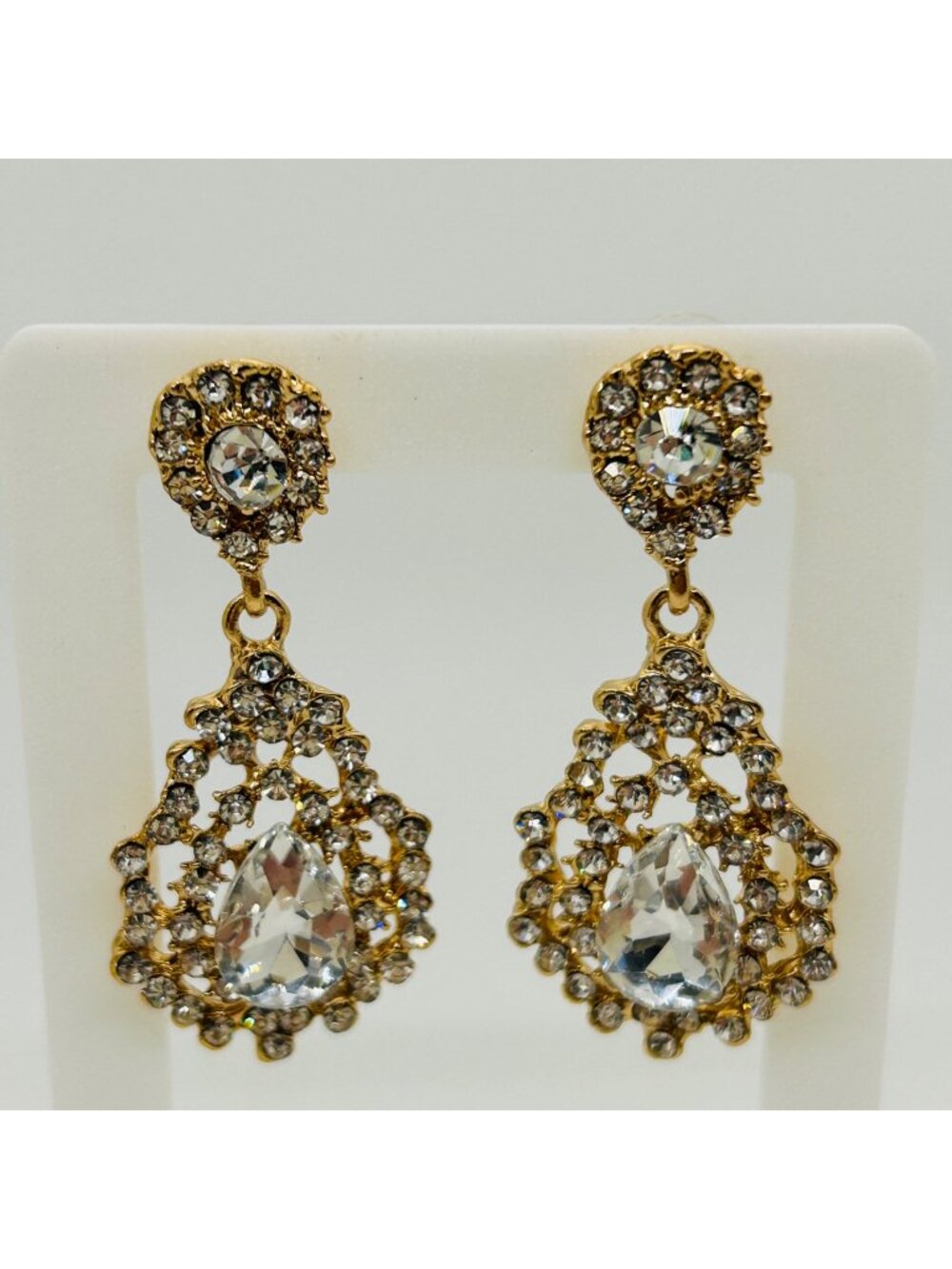 Gold Tone Rhinestone Chandelier Dangle Earrings Bridal Teardrop Statement